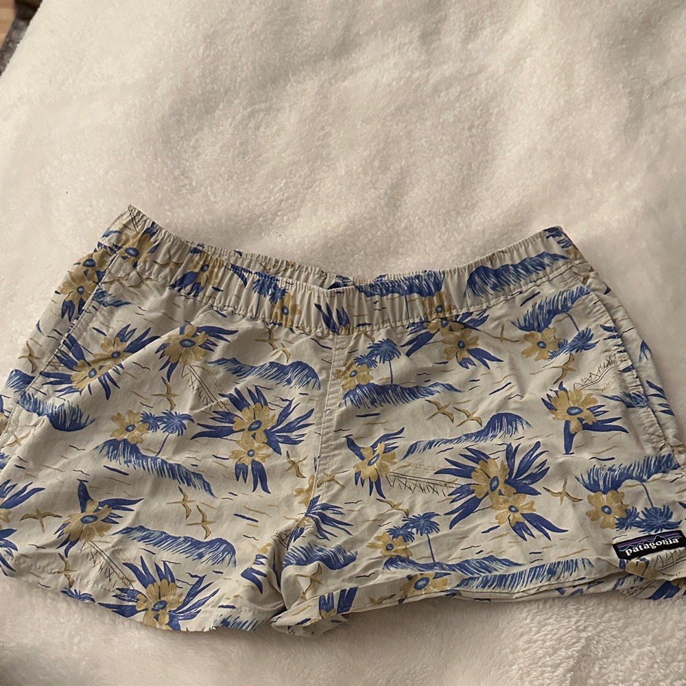 Patagonia Women's Floral Athletic Shorts - Blue and Tan